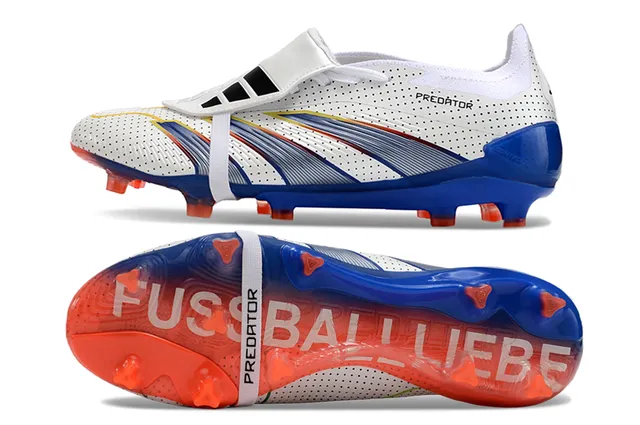 Adidas Predator White Blue Perforated Synthetic Upper Asymmetrical Laceless Strap Firm-Ground Soccer Shoes 6