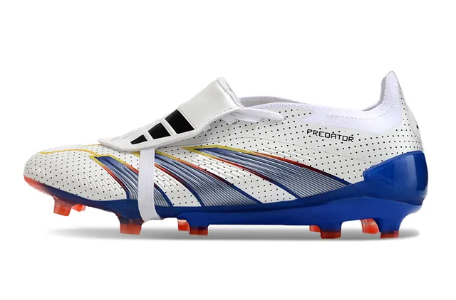 Adidas Predator White Blue Perforated Synthetic Upper Asymmetrical Laceless Strap Firm-Ground Soccer Shoes 7