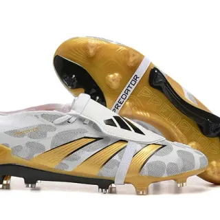 Adidas Predator White Gold Laceless Strap Closure Camo-Patterned Mesh Upper Firm-Ground Soccer Shoes