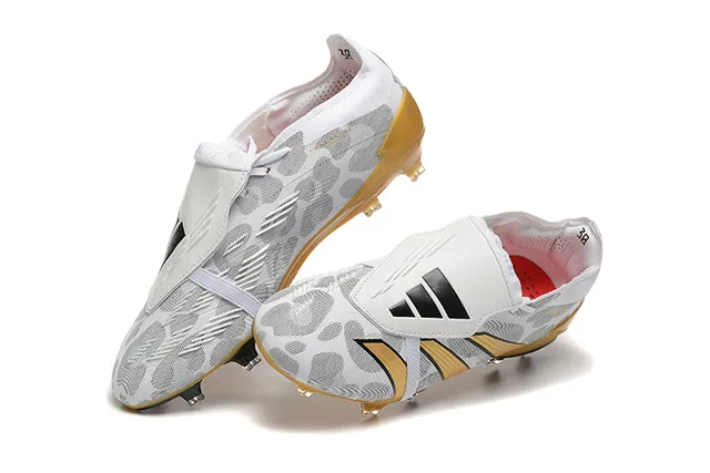 Adidas Predator White Gold Laceless Strap Closure Camo-Patterned Mesh Upper Firm-Ground Soccer Shoes 3