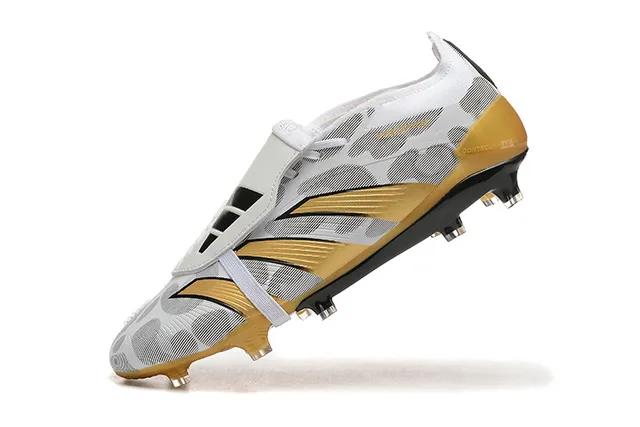 Adidas Predator White Gold Laceless Strap Closure Camo-Patterned Mesh Upper Firm-Ground Soccer Shoes 5