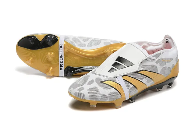 Adidas Predator White Gold Laceless Strap Closure Camo-Patterned Mesh Upper Firm-Ground Soccer Shoes 7