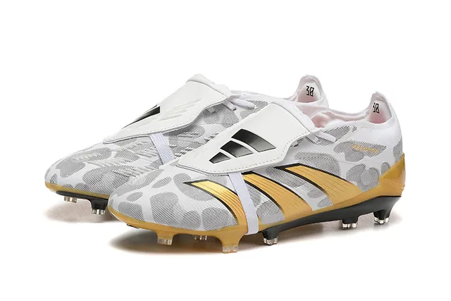 Adidas Predator White Gold Laceless Strap Closure Camo-Patterned Mesh Upper Firm-Ground Soccer Shoes 8