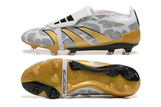 Adidas Predator White Gold Laceless Strap Closure Camo-Patterned Mesh Upper Firm-Ground Soccer Shoes 9