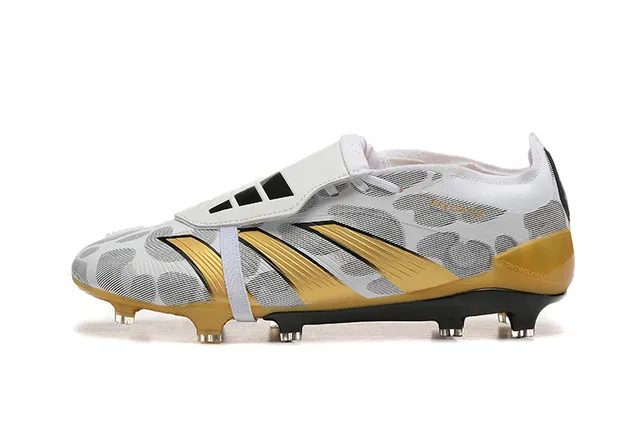 Adidas Predator White Gold Laceless Strap Closure Camo-Patterned Mesh Upper Firm-Ground Soccer Shoes 10
