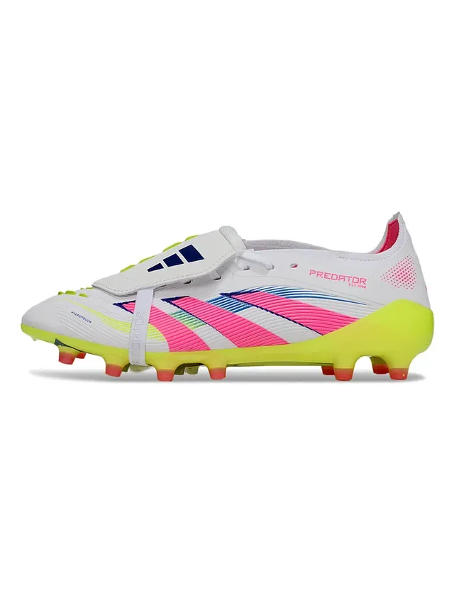 Adidas Predator Sapatos de futebol branco e rosa com fecho assimétrico de cordões e tiras, sola firme 2