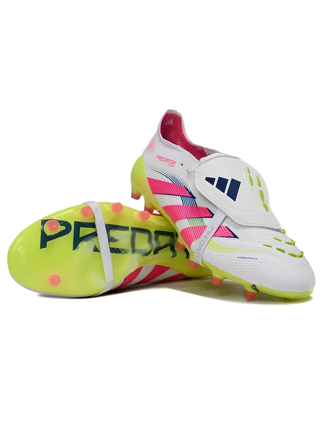 Adidas Predator Sapatos de futebol branco e rosa com fecho assimétrico de cordões e tiras, sola firme 3