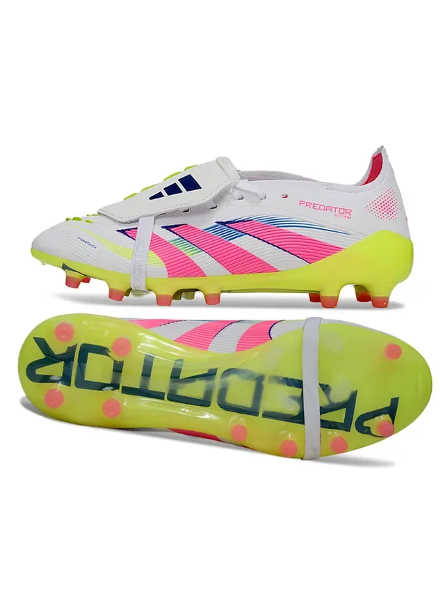 Adidas Predator Sapatos de futebol branco e rosa com fecho assimétrico de cordões e tiras, sola firme 4