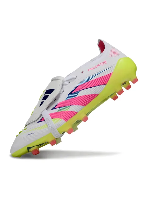 Adidas Predator Sapatos de futebol branco e rosa com fecho assimétrico de cordões e tiras, sola firme 6