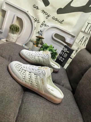 Adidas Samba Beige White Perforated Upper Open-Back Mule Casual Shoes 7