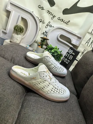 Adidas Samba Beige White Perforated Upper Open-Back Mule Casual Shoes 9