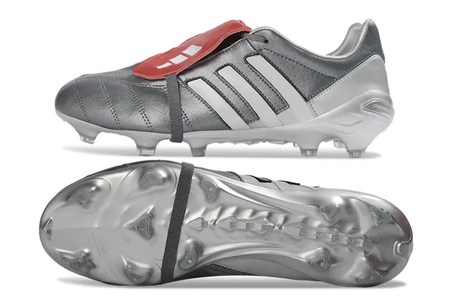 Adidas Silver Red Metallic Leather Upper Three White Stripes Firm-Ground Soccer Shoes 9