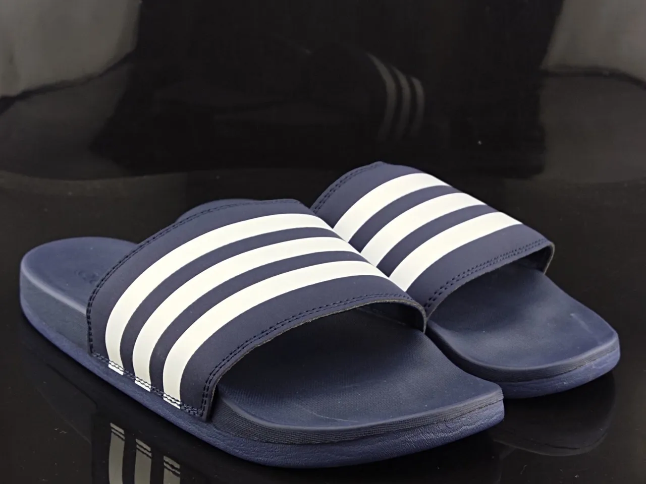 Adidas Slide Azul Marinho Branco Plantilha Moldada Tira de Três Faixas Sandálias 4
