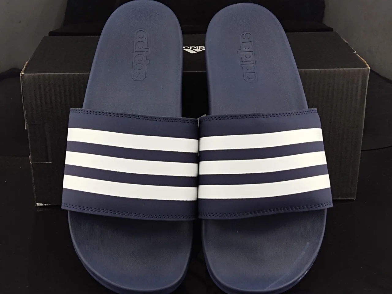 Adidas Slide Azul Marinho Branco Plantilha Moldada Tira de Três Faixas Sandálias 5