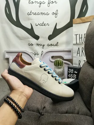 Adidas Stan Smith Beige Blue Low-Top Perforated Toe Lifestyle Sneakers 6