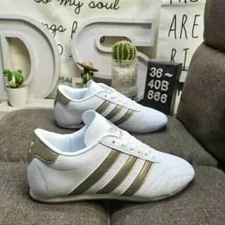 Adidas White Gold Leather Upper Three-Stripe Side Panel Lifestyle Sneakers