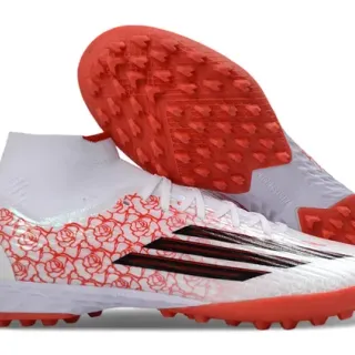 Adidas White Red High-Cut Sock-Fit Collar Rose-Patterned Synthetic Upper Artificial-Grass Soccer Shoes