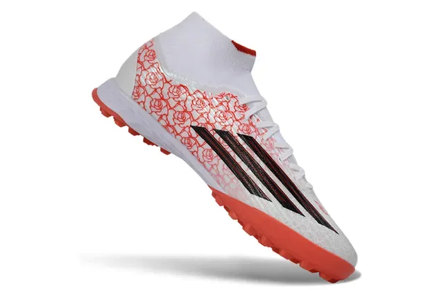 Adidas Sapatos de Futebol Brancos e Vermelhos Alto-Corte Colar de Meia Motivo de Rosa Sintético Superior Grama Artificial 2