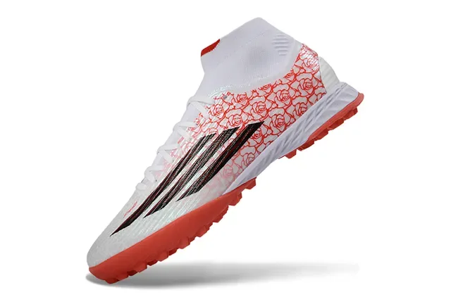 Adidas Sapatos de Futebol Brancos e Vermelhos Alto-Corte Colar de Meia Motivo de Rosa Sintético Superior Grama Artificial 3