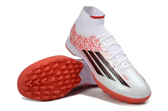 Adidas Sapatos de Futebol Brancos e Vermelhos Alto-Corte Colar de Meia Motivo de Rosa Sintético Superior Grama Artificial 4