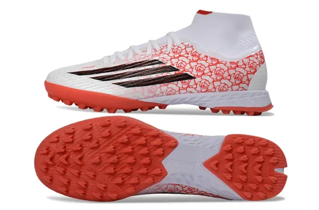Adidas Sapatos de Futebol Brancos e Vermelhos Alto-Corte Colar de Meia Motivo de Rosa Sintético Superior Grama Artificial 6