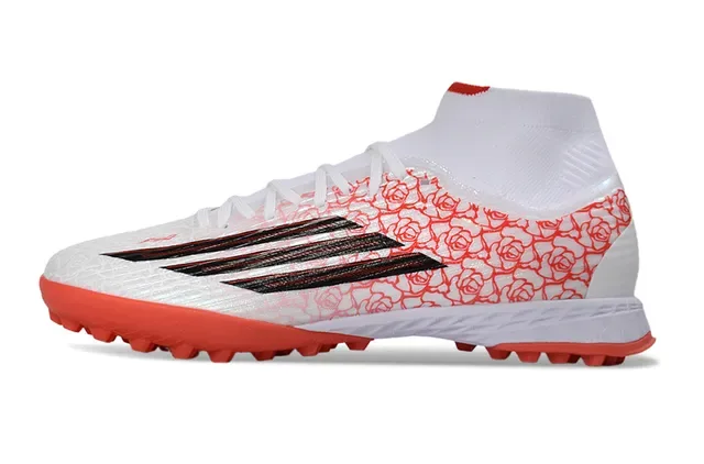 Adidas Sapatos de Futebol Brancos e Vermelhos Alto-Corte Colar de Meia Motivo de Rosa Sintético Superior Grama Artificial 7