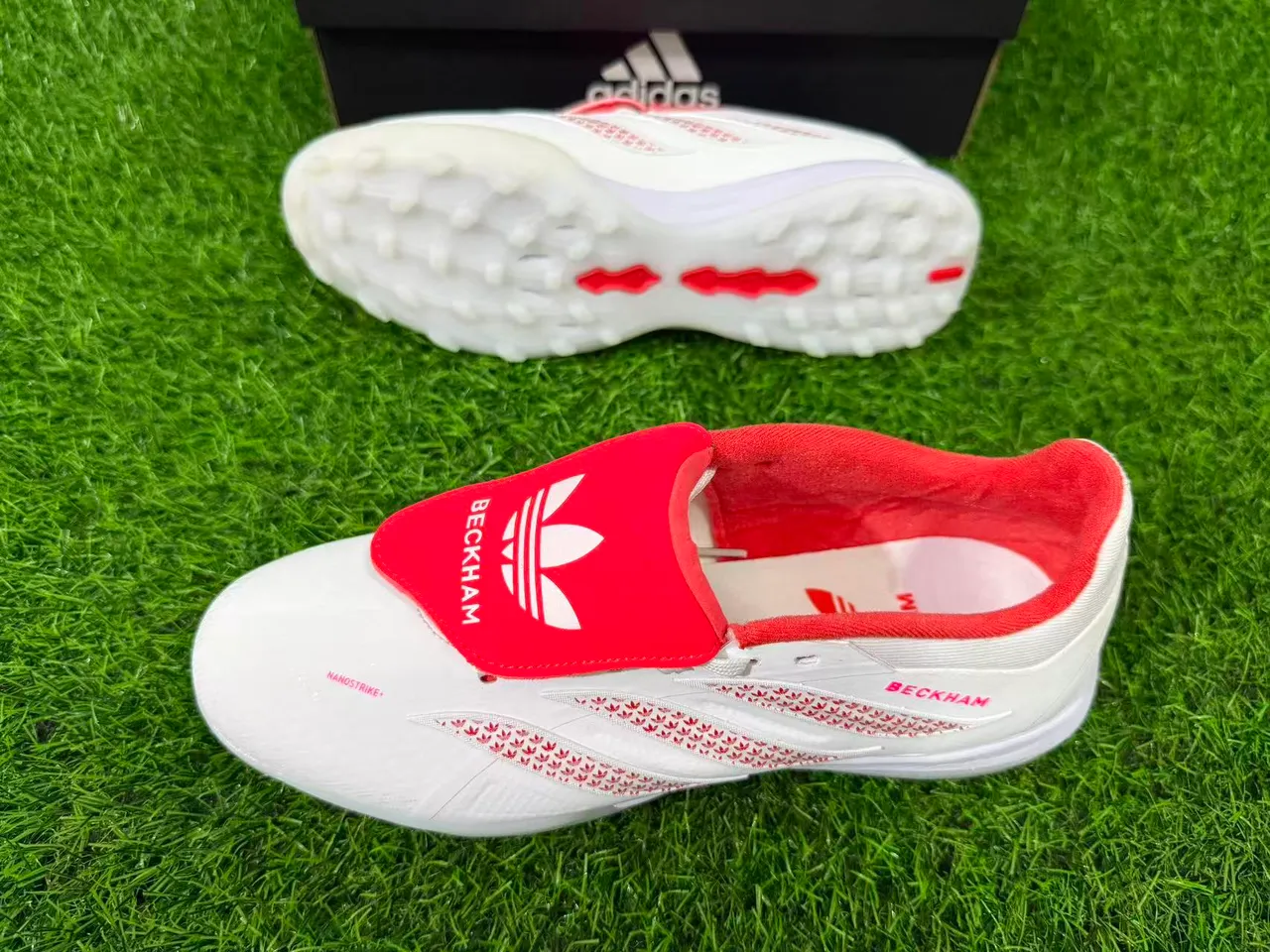 Adidas Branco Vermelho Baixo Superior Sintético Sobreposições de Rayas Texturizadas Grama Artificial Sapatos de Futebol 6