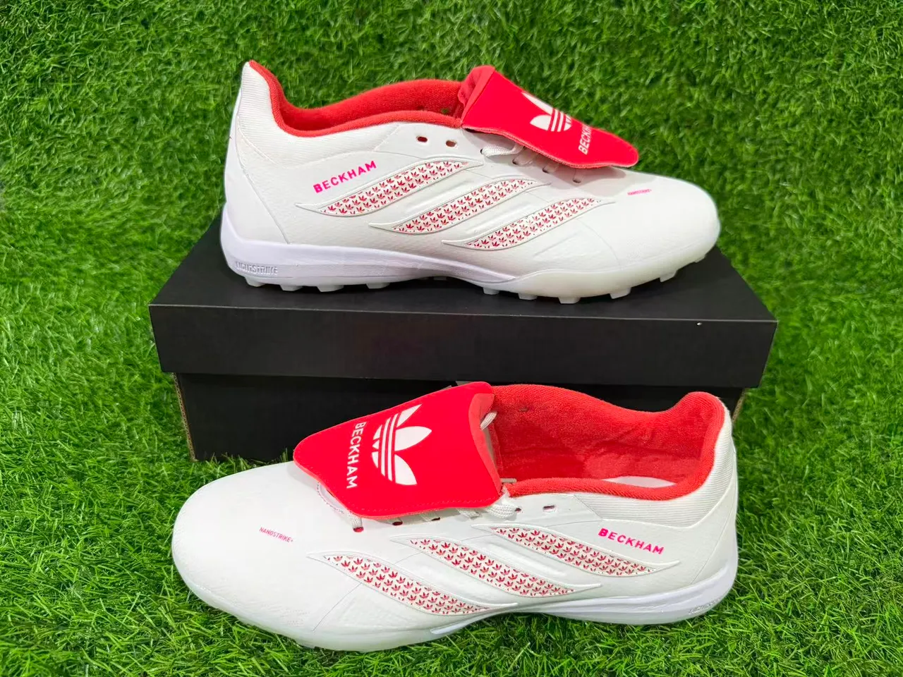Adidas Branco Vermelho Baixo Superior Sintético Sobreposições de Rayas Texturizadas Grama Artificial Sapatos de Futebol 8
