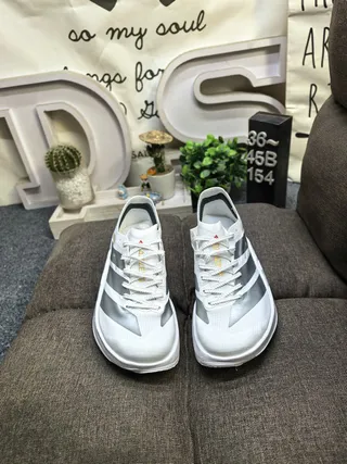 Adidas White Silver Low-Profile Racing Silhouette Perforated Engineered Mesh Upper Running Shoes 10