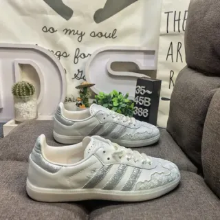 Adidas White Silver Low-Top Leather-Like Upper Lifestyle Sneakers