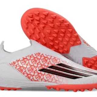 Adidas X सफेद नारंगी बिना लेस के सॉक-फिट अपर रोज प्रिंट ओवरले टर्फ फुटबॉल जूते