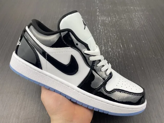 Air Jordan 1 Low Glossy Black White Light Blue Lifestyle Sneakers 7