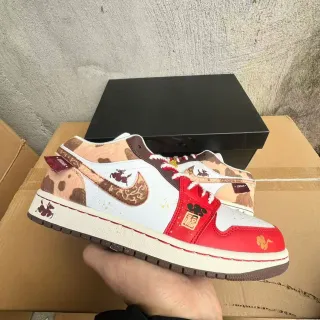 Air Jordan 1 Low Red White Brown Cow-Print Zodiak Lifestyle Sneakers