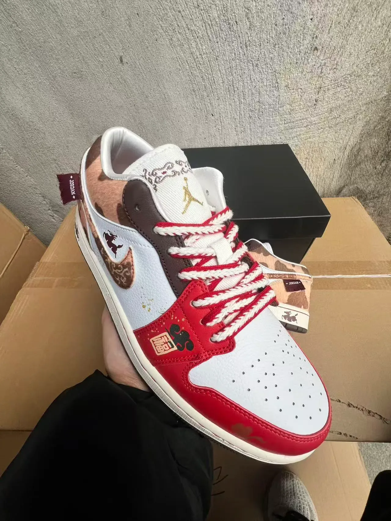 Air Jordan 1 Low Red White Brown Cow-Print Zodiak Lifestyle Sneakers 2