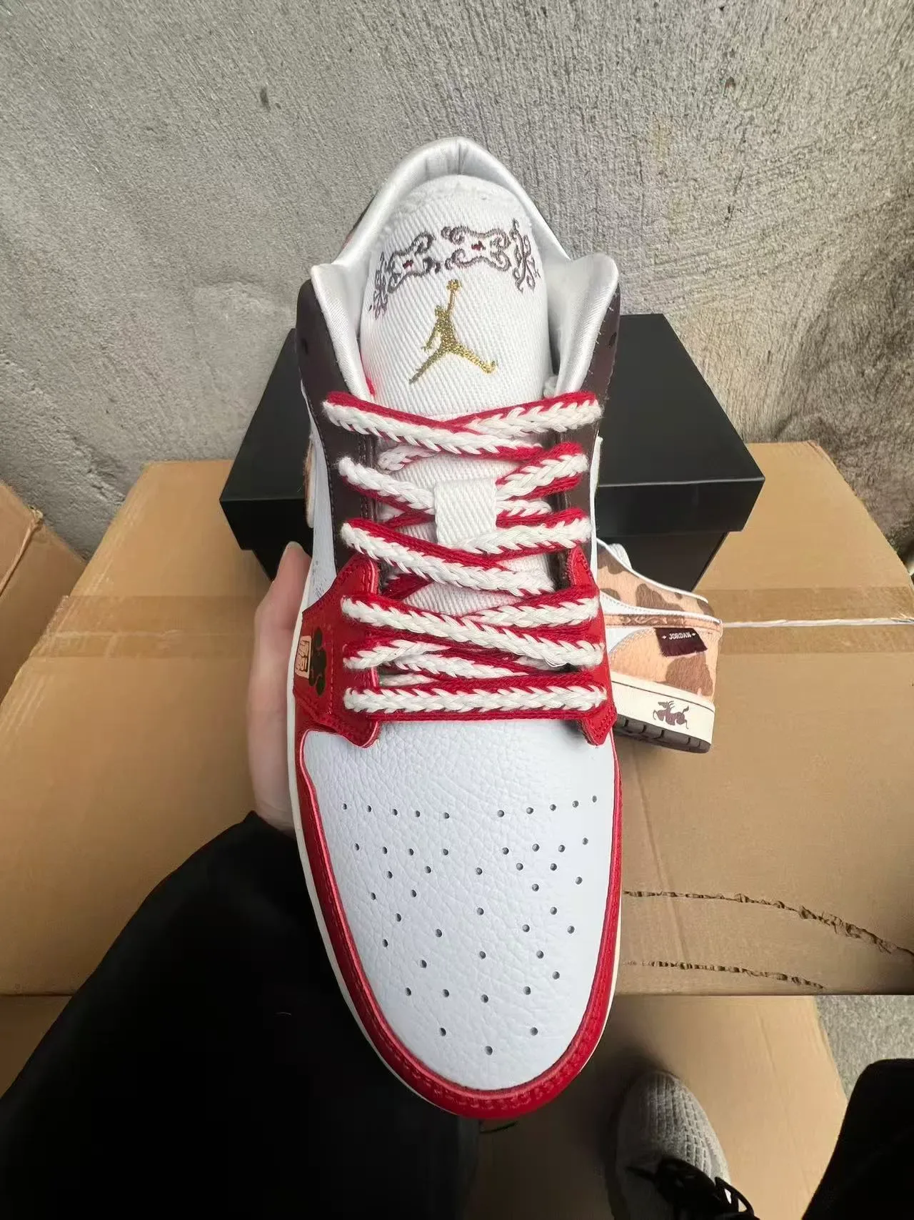 Air Jordan 1 Low Red White Brown Cow-Print Zodiak Lifestyle Sneakers 3