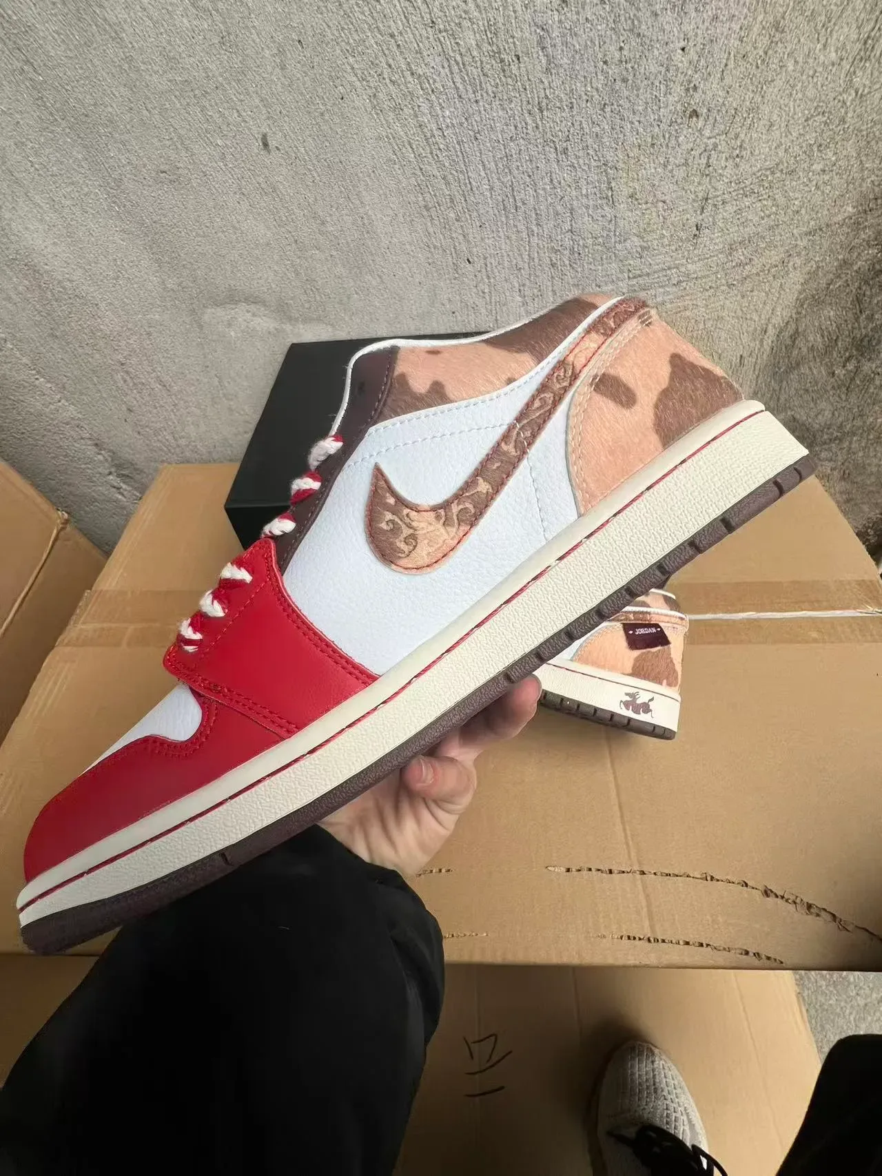 Air Jordan 1 Low Red White Brown Cow-Print Zodiak Lifestyle Sneakers 5