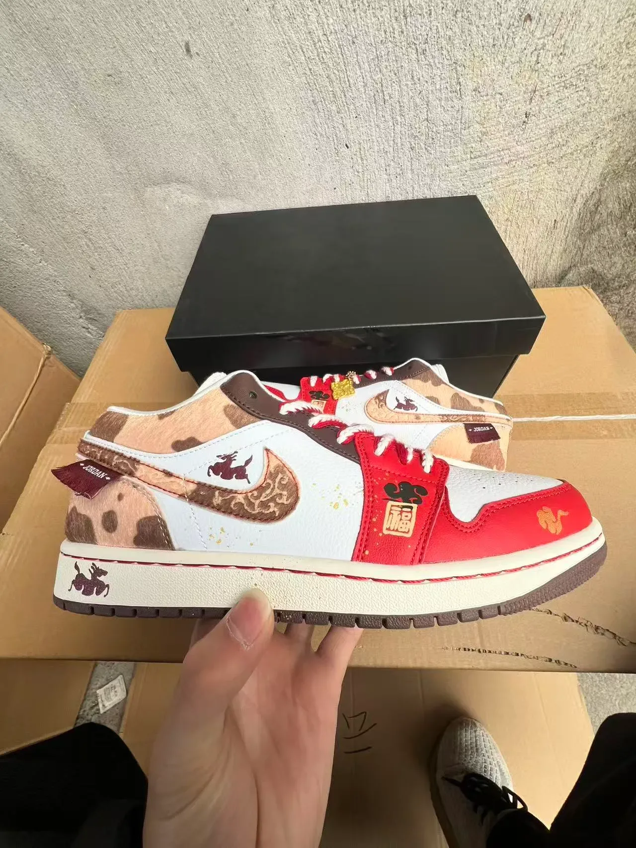 Air Jordan 1 Low Red White Brown Cow-Print Zodiak Lifestyle Sneakers 7