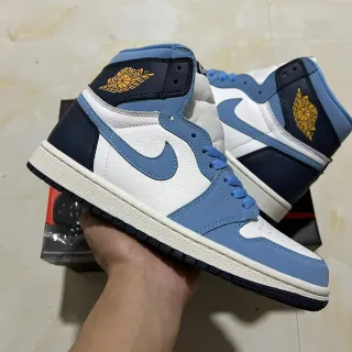 Air Jordan 1 White Blue High-Top Leather And Synthetic Overlay Basketball Shoes