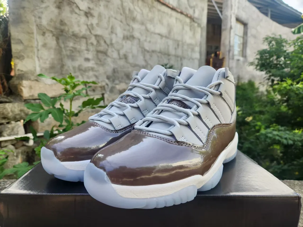 Air Jordan 11 Light Gray and Brown Patent Leather Basketball Shoes 2