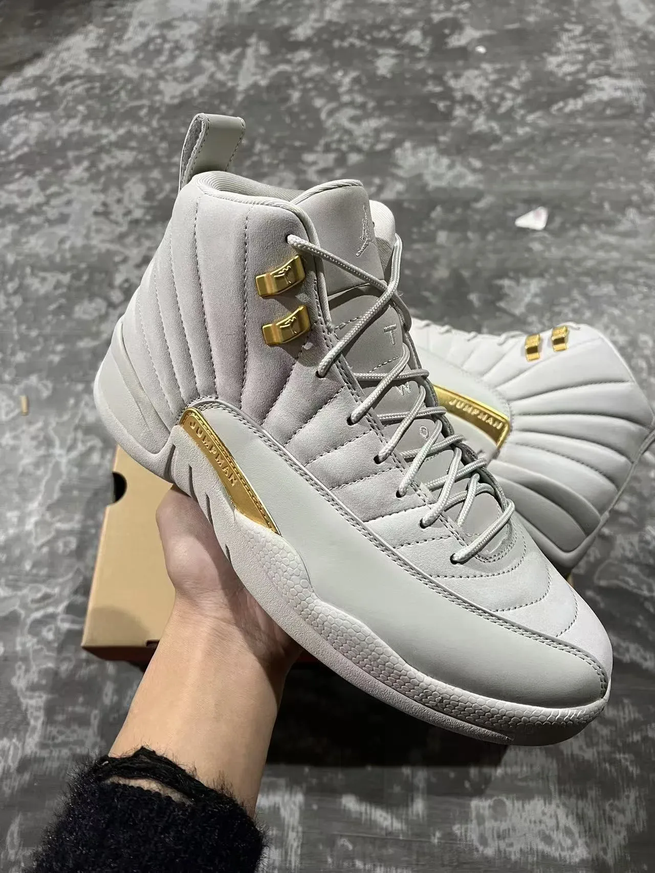 Air Jordan 12 Light Gray and Gold Basketball Shoes 2