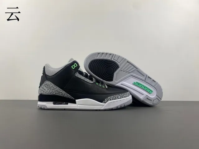 Air Jordan 3 Black Cement Green Basketball Shoes 12