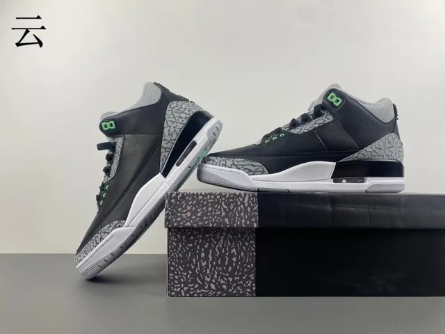 Air Jordan 3 Black Cement Green Basketball Shoes 14
