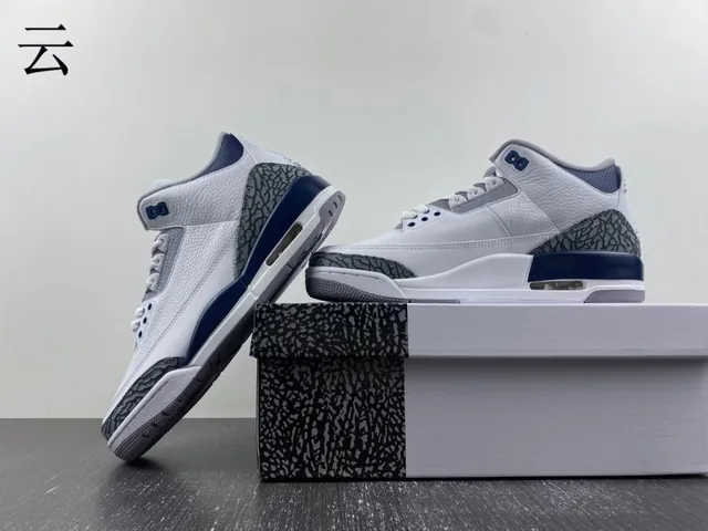 Air Jordan 3 White Navy Elephant Print Basketball Shoes 14