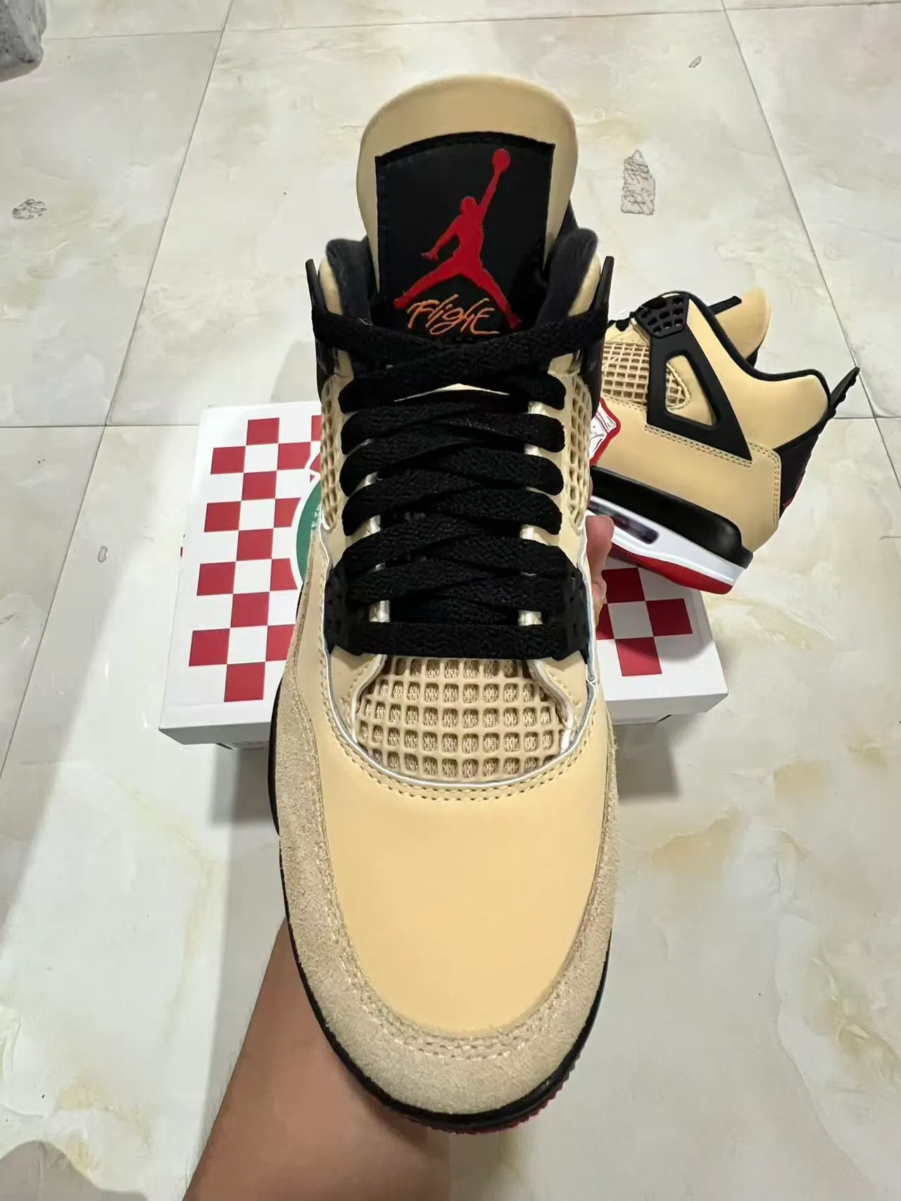 Air Jordan 4 Beige Black Red Basketball Shoes 3