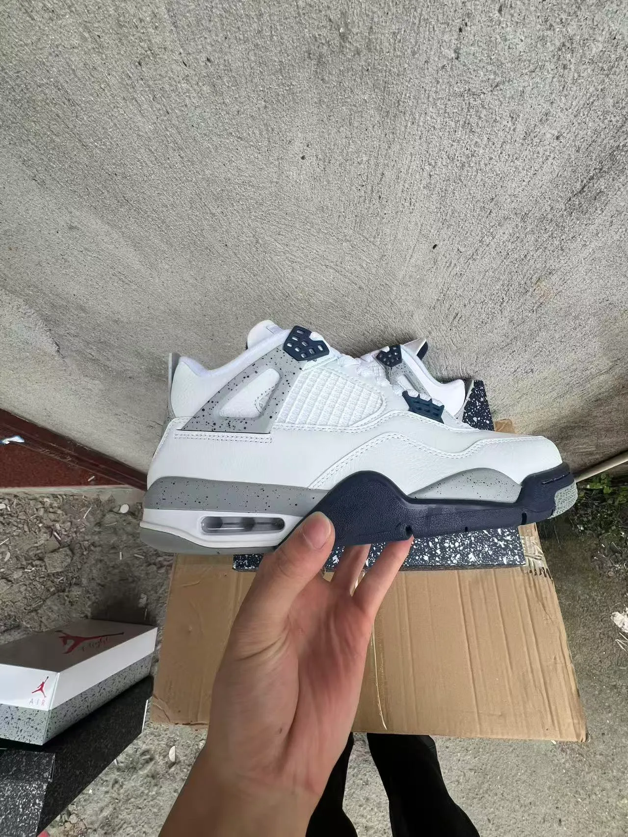 Air Jordan 4 White Navy Speckled Gray Basketball Shoes 7