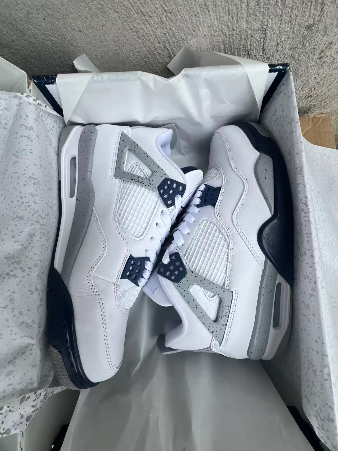 Air Jordan 4 White Navy Speckled Gray Basketball Shoes 9