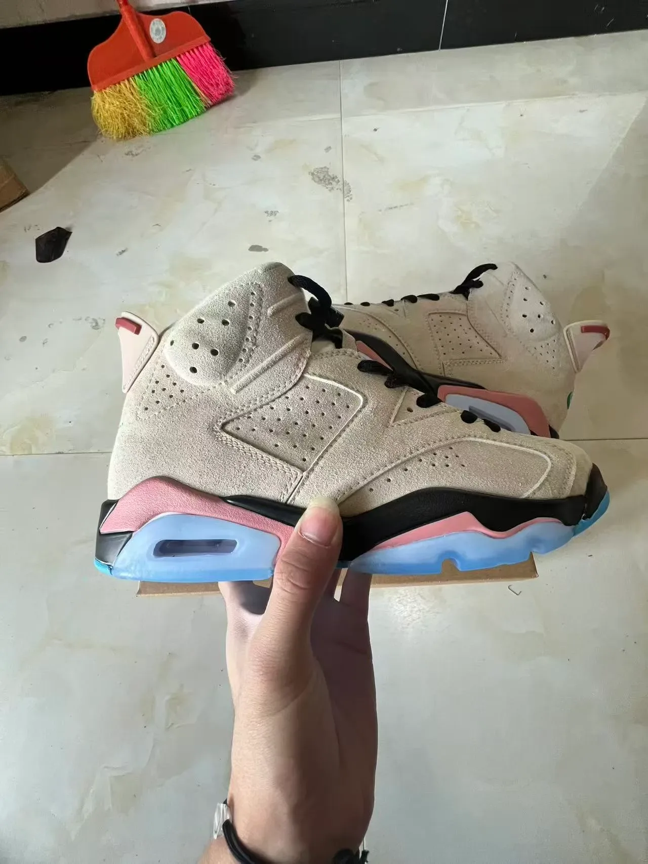 Air Jordan Bege Rosa Tênis de Basquete de Camurça e Couro de Topo Alto 7