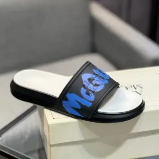 Alexander McQueen Blue Logo Black and White Platform Slippers