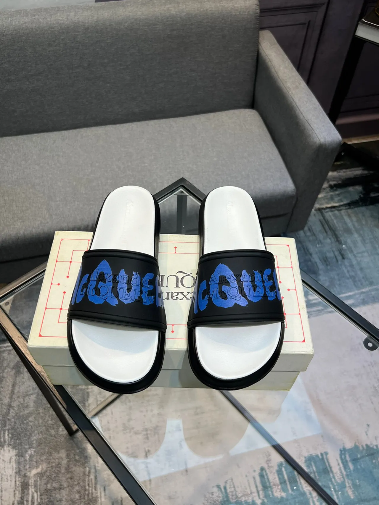 Alexander McQueen Blue Logo Black and White Platform Slippers 2
