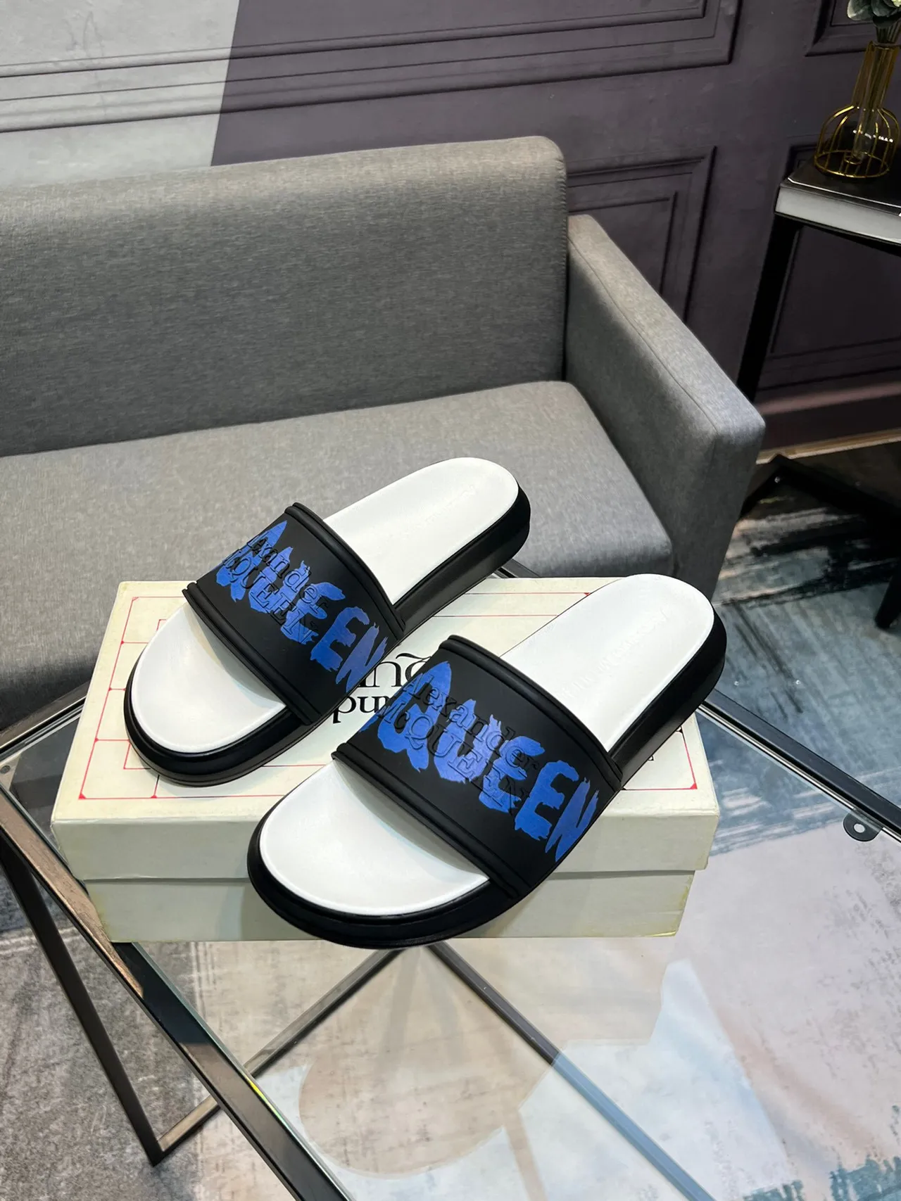 Alexander McQueen Blue Logo Black and White Platform Slippers 3